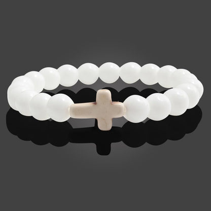 FORUBUS Lava Rock Stone Beaded Bracelet, Cross Charm Natural Volcanic Stone beads Turquoise Stretch Bracelet for Women Men Religion Jewelry Pray Baptism Gift - color: B 1pcs white ceramic