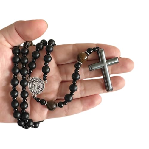 Bovemee Saint Benedict Medal Prayer Pocket Rosary Catholic Brown Wood Beads with Medalla de san benitol and Crucifix, 9 Inch - color: Nature stone Black&Brown