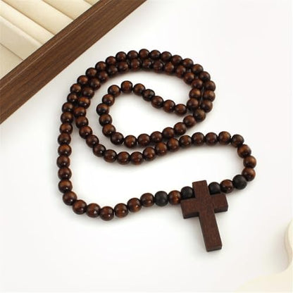 Natural Wood Beaded Cross Rosary Necklace Boho Handmade 8MM Wooden Beads with Jesus Cross Lightweight Rope Necklace for Men Women Religious Christian Prayer Fashion Jewelry Gifts - color: Dark brown