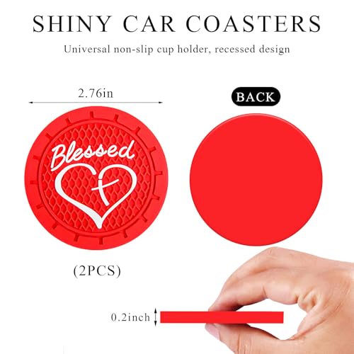KVAEY 2 PCS Car Cup Holder Coasters, 2.76 Inch Anti Slip Vehicle Drink Mats with Cute Blessed Cross and Heart, Shockproof, Universal Car Accessories (Red, 2 PCS) - color: Red, size: 2 PCS