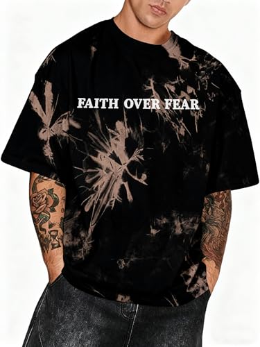 Christian Faith Over Fear Shirt for Men Jesus Religious Shirts Oversized T-Shirt - color: Brown Tie-dye, size: Large
