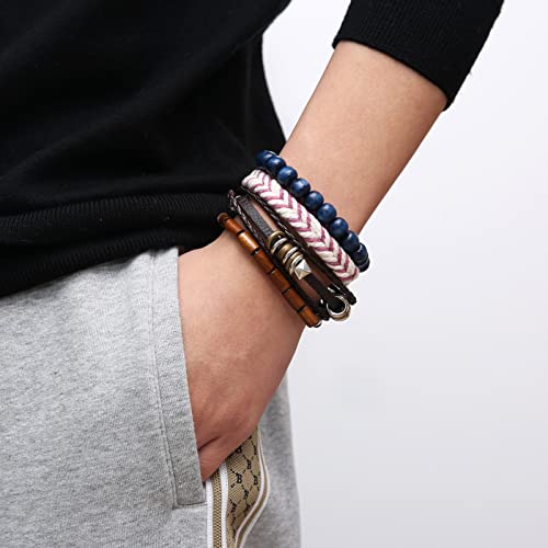 HZMAN Handmade Hemp Cords Wood Beads Leather Bracelets for Men Women - style: Hand-made 4 MIX