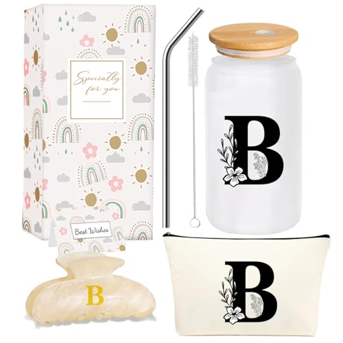 Monogrammed Initial Glass Cup Personalized Gifts for Women 16oz Initial Letter Glass Cups w/Lids Straws Birthday Valentine Mothers Day Gift for Her,B - color: Letter Cup-B