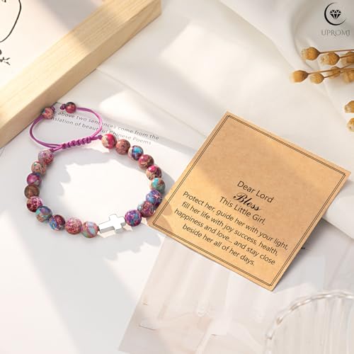 UPROMI Cross Bracelet for Girls Baptism Communion Confirmation Gifts, Kindergarten/Preschool/5th Grade/8th Grade Graduation Gifts - style: Dear Lord bless this little girl - Violet