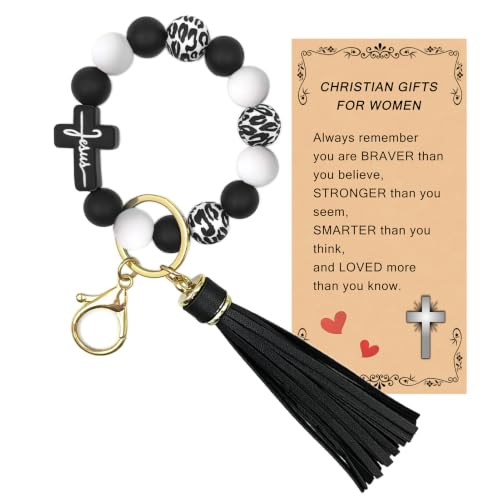 SHINYHARBOR Silicone Beaded Wristlet Keychain Bracelet,Key Wrist Keychains for Women Mom Teachers Best Friend - color: Cross-black&white