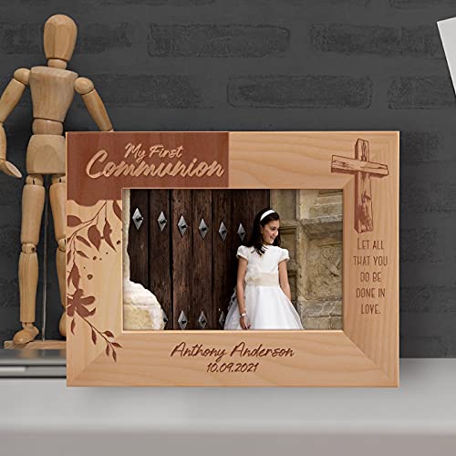 My First Communion Personalized Wooden Frame-6" x 4" Brown Horizontal - size: 4" x 6", style: Horizontal