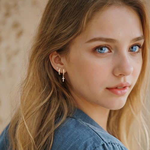 Angelady Gold Hoop Earrings Set for Women, Dainty 14K Gold Plated Flower Moon Cross Dangle Earrings, Hypoallergenic Huggie Hoop Earring Stacks, Stud Earrings for Women Trendy Jewelry Gift - color: Gold,Cross Earrings