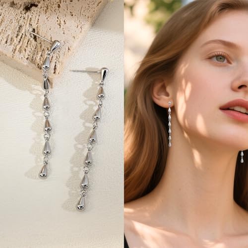 925 Sterling Silver Teardrop Chain Dangle Stud Long Drop Minimalist Simple Earrings for Women