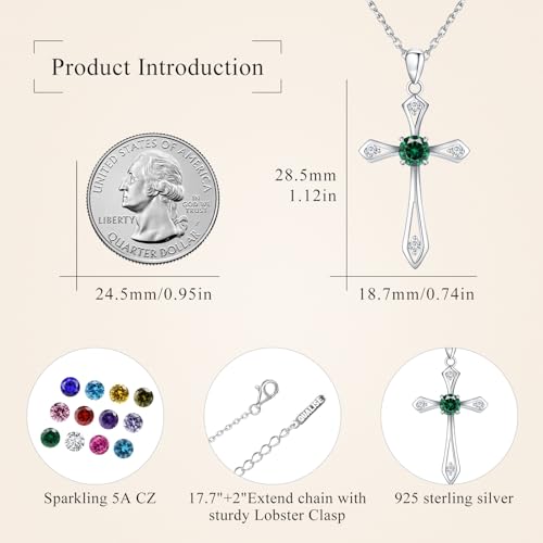 Cross Necklace for Women,925 Sterling Silver Faith Jewerly Gift - color: 05-May-Emerald