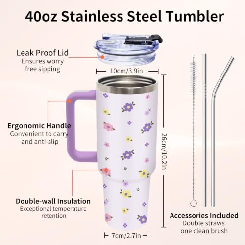 Purple Floral 40oz Tumbler with Handle Straw, Cute Flower Gifts for Women - color: Floral1