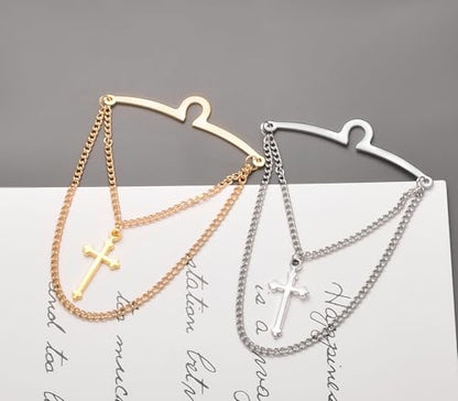 2Pcs Tie Chain for Men Classic with Double Single Gold Silver Elegant Chain Tie Cilp - color: cloud cross double chain silver