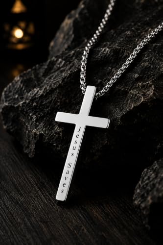 Engraved Cross Necklace for Men, Women & Boys & Girls Cross Necklace, Stainless Steel Cross Pendant Necklace, Faith & Inspiration Christian Jewelry Gift - color: Jesus Saves