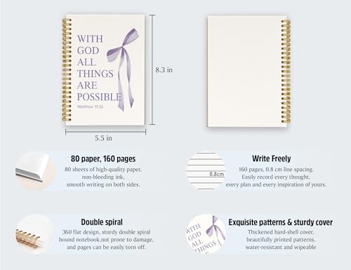 PurpleBible Journal for Women, A5 Spiral Christian Notebook & Study Supplies, Cute Hardcover Coquette Bow Diary with Scripture Matthew 19:26 for Church Notes, Prayer & Teen Girls.5.5 x 8.3 Inch - color: (Purple) Matthew 19:26