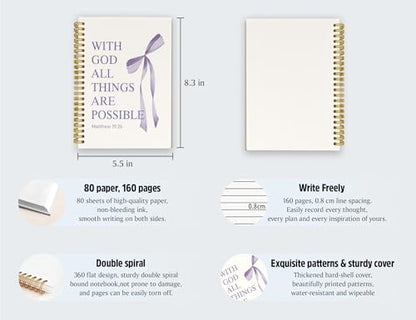 PurpleBible Journal for Women, A5 Spiral Christian Notebook & Study Supplies, Cute Hardcover Coquette Bow Diary with Scripture Matthew 19:26 for Church Notes, Prayer & Teen Girls.5.5 x 8.3 Inch - color: (Purple) Matthew 19:26