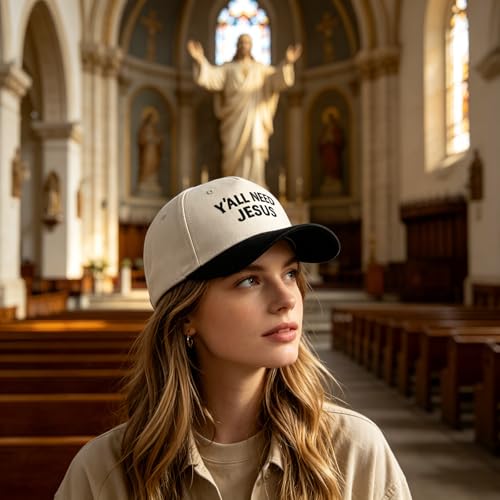 Embroidered Christian Two-Tone Baseball Cap for Men & Women, Adjustable Dad Hat Christmas Easter Gift - color: Y'all Need Jesus, Black/Beige