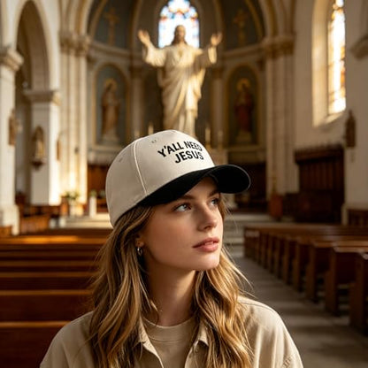 Embroidered Christian Two-Tone Baseball Cap for Men & Women, Adjustable Dad Hat Christmas Easter Gift - color: Y'all Need Jesus, Black/Beige