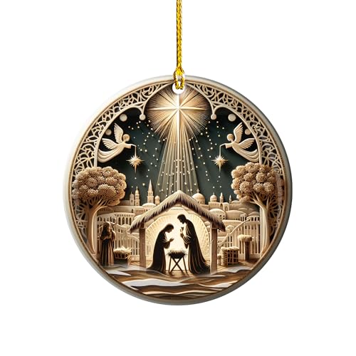 Nativity Scene Christmas Ornament 2026 – Ceramic 3 Inch Round Ornament Double Sided – Religious Holiday Tree Decoration with Holy Family & Star of Bethlehem – Christian Keepsake(Q-5) - color: Q-5