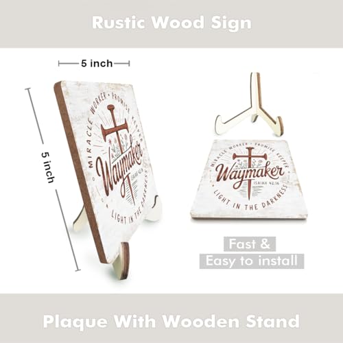 Christian Gifts Desk Decor, Rustic Wood Sign, Boho Faith Religious Bible Verse Quotes Decorative Desk Accessories for Home House Decor Office Accessories Cute Bohemian Table Bookshelf Wooden Sign - color: Waymaker