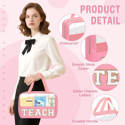 Teacher Appreciation Gifts Chenille Letter Clear Makeup Bag TEACH Pouch, Preppy Waterpoof Makeup Cosmetic Bag with Zipper Graduation Retirement Birthday Teacher Essentials Gifts for Women(TEACH-Pink) - color: TEACH-Pink