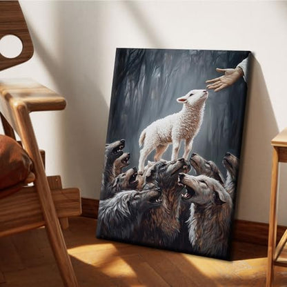 Jesus Protects Lost Sheep Canvas Art, Christian Gallery Wrapped, 12x16 - color: Save the Lamb, size: 16"L x 12"W