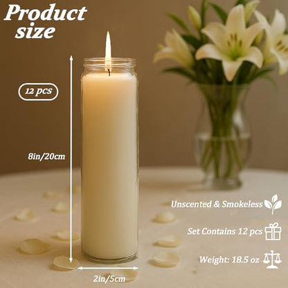 12 PCS White Candles in Glass, 2 Inch x 8 Inch Unscented Prayer Candle,Suitable for Various Occasions Such as: Memorials, Religious, Catholicism, Churches, Altars, Vigils, etc.