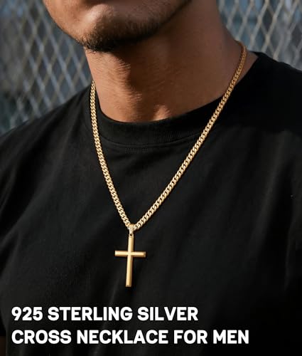 Jewlpire 925 Sterling Silver Cross Necklace for Men, 18k Gold Plated Sterling Silver Cross Necklace with 5mm Stainless Steel Cuban Link Chain for Men, 18 20 22 24 26 Inch - color: Gold Cross Pendant