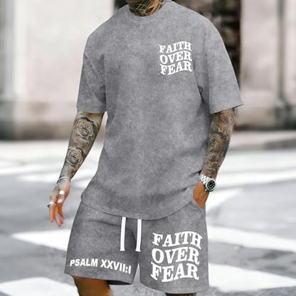 Men's Christian Shirt and Shorts Set Oversized Faith Over Fear T Shirt Washed Religious Bible Verse 2 Piece Outfits - color: Light Gray, size: XX-Large