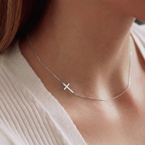 AllenCOCO Sterling Silver Cross Necklace for Women, 14K Gold or Silver Dainty Small Cross Pendant Choker Simple Trendy Cute Cross Charm Chain Easter Baptism Religious Faith Jewelry Gift - color: Sideways Cross-Silver
