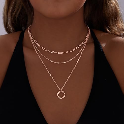 Poxtex Layered Gold Necklaces for Women, Stackable Dainty 14K Gold Silver Plated Trendy Simple Heart Diamond Cross Bow Circle Pendant Paperclip Choker Dot Chain Necklace,Jewelry Set Gifts for Women - color: Rose Gold, style: Circle1
