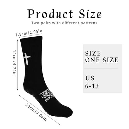 Mikovivi 2 Pairs Cross Grip Soccer Socks with Bible Verses, Anti-Slip Jesus Christian Catholic Football Socks for Men & Women Youth Sports (US Sizes 6-13)