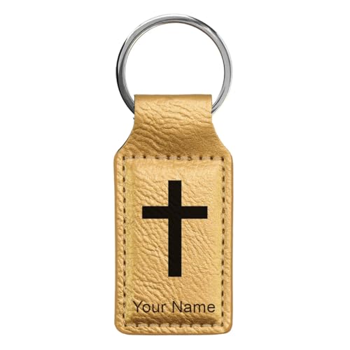 LaserGram Rectangle Keychain, Christian Cross, Personalized Engraving Included - color: Gold
