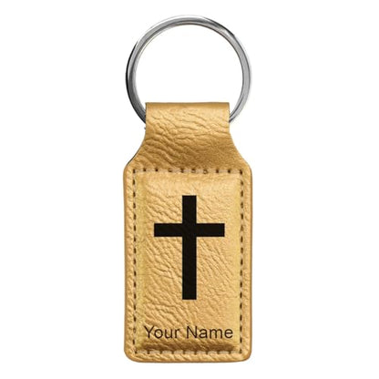 LaserGram Rectangle Keychain, Christian Cross, Personalized Engraving Included - color: Gold