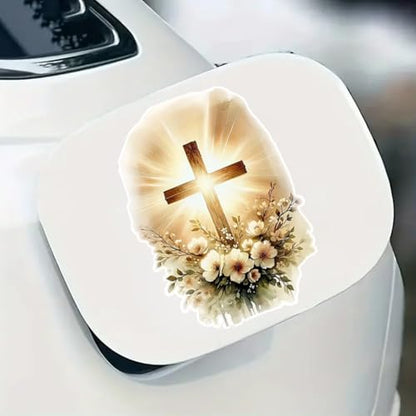 2 Pcs Christian Cross Floral Car Decal Sticker, Glowing Cross with Flowers, Bumper Window Sticker, 5 in Vinyl Decal, Waterproof,Die-Cut for Cars,Windows,Laptops SZJ-02D