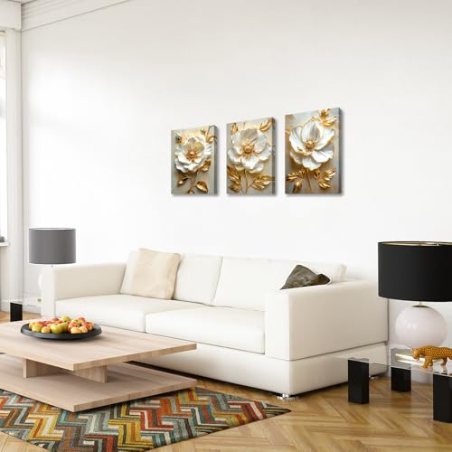 WENGTIAO Modern White Floral Golden Leaves Canvas Wall Art Set 12x16 x3Pcs - color: Flower-golden leaf, size: 12"x16"x3Pcs