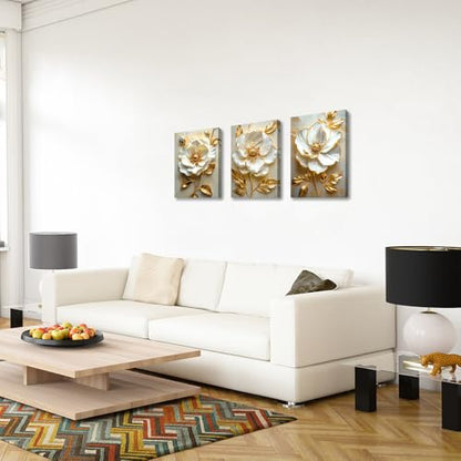 WENGTIAO Modern White Floral Golden Leaves Canvas Wall Art Set 12x16 x3Pcs - color: Flower-golden leaf, size: 12"x16"x3Pcs