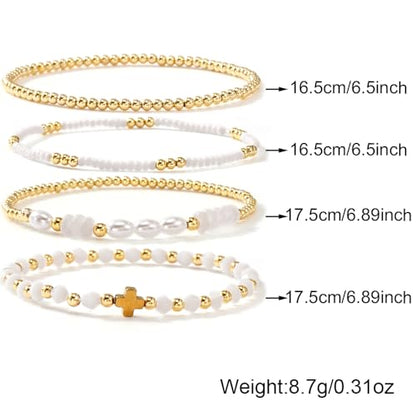 Gold Beaded Bracelets Stack for Women Stackable 14K Gold Plated Beads Ball Cross Bracelet Boho Christian Jewelry Faith Friendship Birthday Gifts for Women - color: White Crystal
