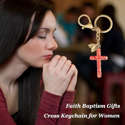 Angyape Cute Christian Cross Keychain for Women Purse Bag Charms Car Key Rings Accessories Flower Design Jesus Faith Gifts - color: N：red