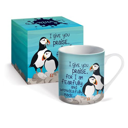 Christian Coffee Mug with Gift Box, 12 oz Ceramic, with Bible Verse - color: Blue / Puffins