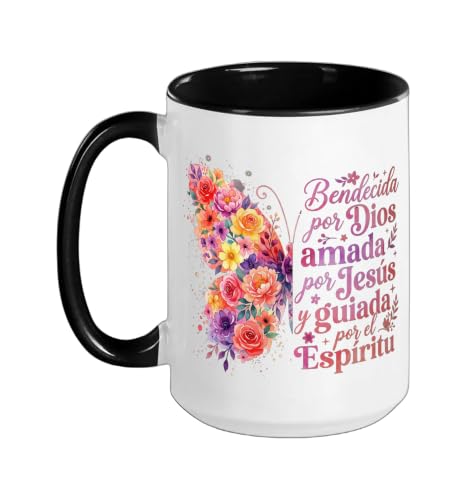 Bendecida Por Dios Amada Por Jesus Christian Spanish Floral Ceramic Mug, Black/White, 15oz - color: Black/White, size: 15 Ounces