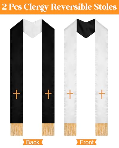 Eurzom 2 Pcs Reversible Clergy Stole with Cross Tassels - color: White,black