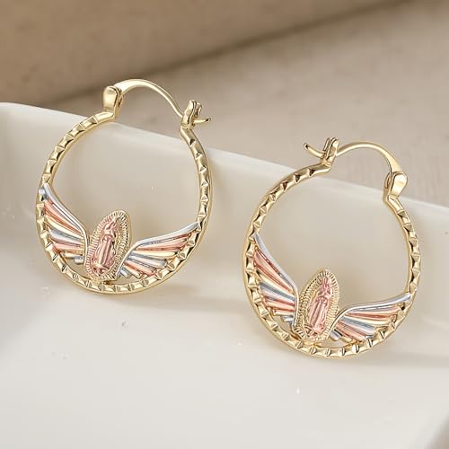 Tri-Color Our Lady of Guadalupe Hoop Earrings for Women Religious Jewelry - color: Three Tone