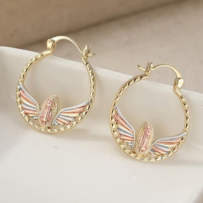 Tri-Color Our Lady of Guadalupe Hoop Earrings for Women Religious Jewelry - color: Three Tone