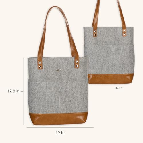 Christian Art Gifts Felt and Faux Leather Bible Tote for Women: With Metal Heart Badge, Pockets and Magnetic Button Closure, Toffee Brown and Gray, One Size Carry Bag for Books, Supplies and Shopping - color: Toffee Gray/Heart