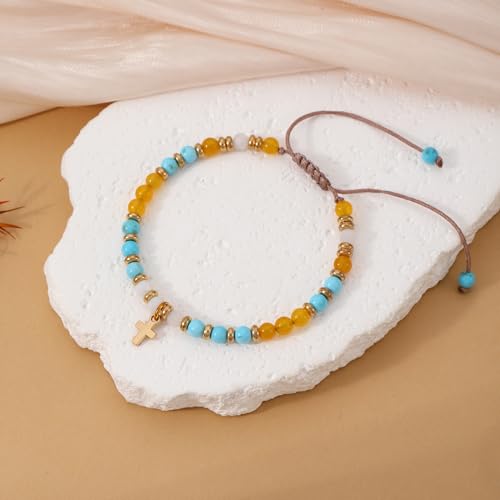 Cross Bracelets for Women Girls, Christian Gifts for Women Natural Stone Beaded Bracelets First Communion Confirmation Baptism Gifts Catholic Easter Christmas Inspirational Gift Jewelry - color: Turquoise - Every Day