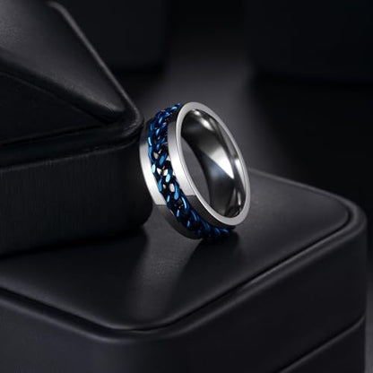 Mens Fidget Rings Anxiety Ring for Men 6mm 8mm Chain Spinner Ring Size 5-14 - color: Silver Blue