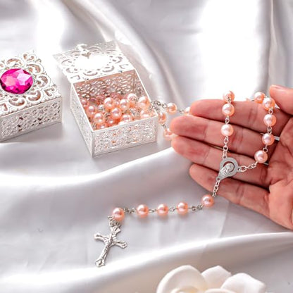 ROCEEI Catholic Rosary Necklace Pearl Rosary Bead with Box - color: Pink