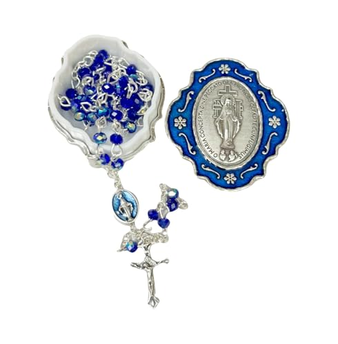Catholic Silver Linked Rosary Set – 3mm Beads, 14.25" Length, Metal Keepsake Gift Box with Enamel Inlay – Perfect First Communion Gift (Lady of Mira-culous) - color: Lady of Mira-culous