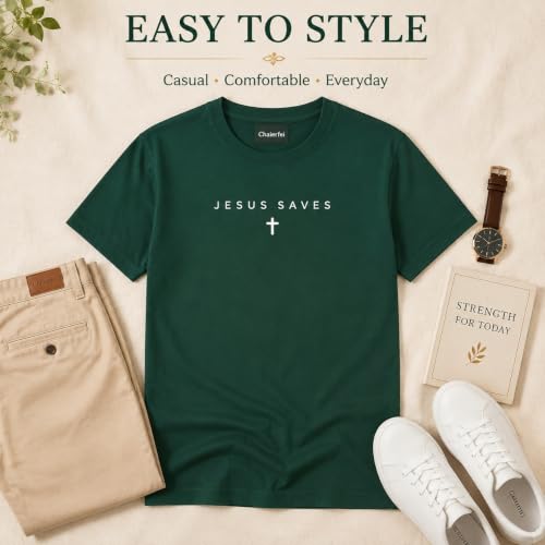 Christian Jesus Saves Cross T Shirt Subtle Minimal Religious Faith Tee Bible Verse Scripture Christian Clothing Unisex - color: Dark Green, size: Medium