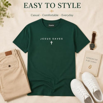 Christian Jesus Saves Cross T Shirt Subtle Minimal Religious Faith Tee Bible Verse Scripture Christian Clothing Unisex - color: Dark Green, size: Medium