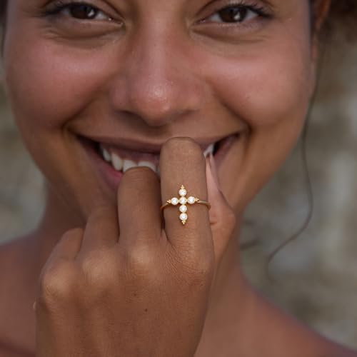 STORYJEWELLERY Cross Rings for Women, Purity Ring, Gold Plated Christian Rings for Women, Dainty Thin Ring, Religious Jewelry, Confirmation and Baptism Gifts